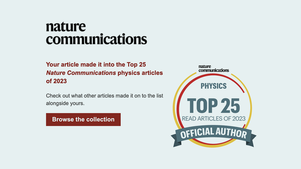 胡名旭及合作者论文入选《自然-通讯》2023年最受欢迎物理学论文Top25榜单