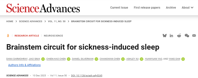 Science Advances丨丹扬组和姚园园组解析生病嗜睡的神经环路机制