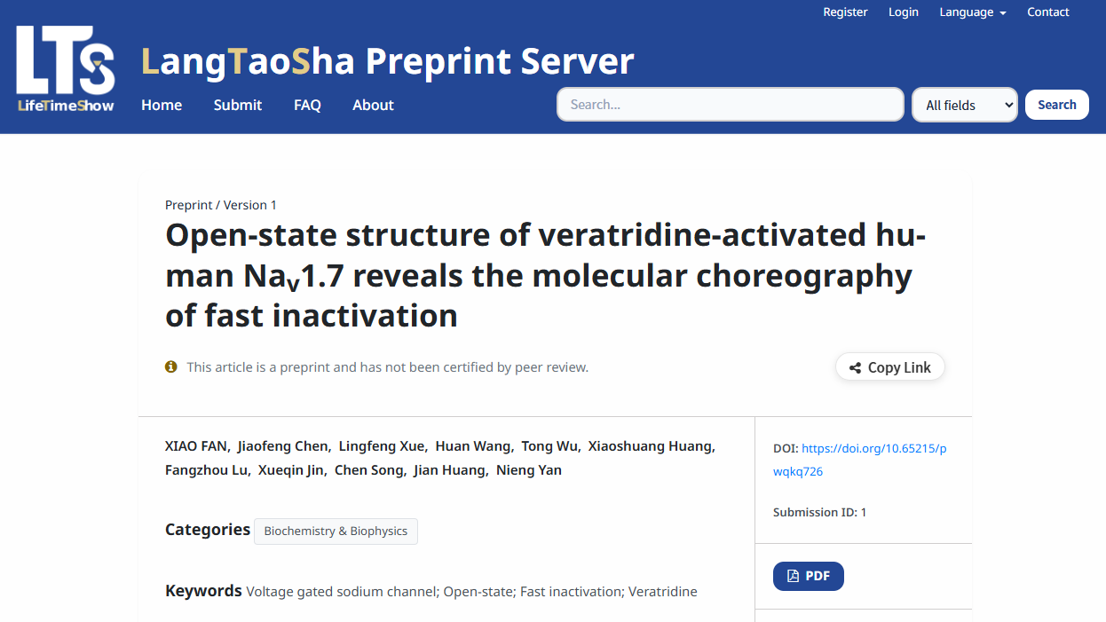 LangTaoSha | Nieng Yan, Jian Huang, Xiao Fan, Chen Song, and Their Colleagues First Capture the “Open State” of Voltage-Gated Sodium Channels