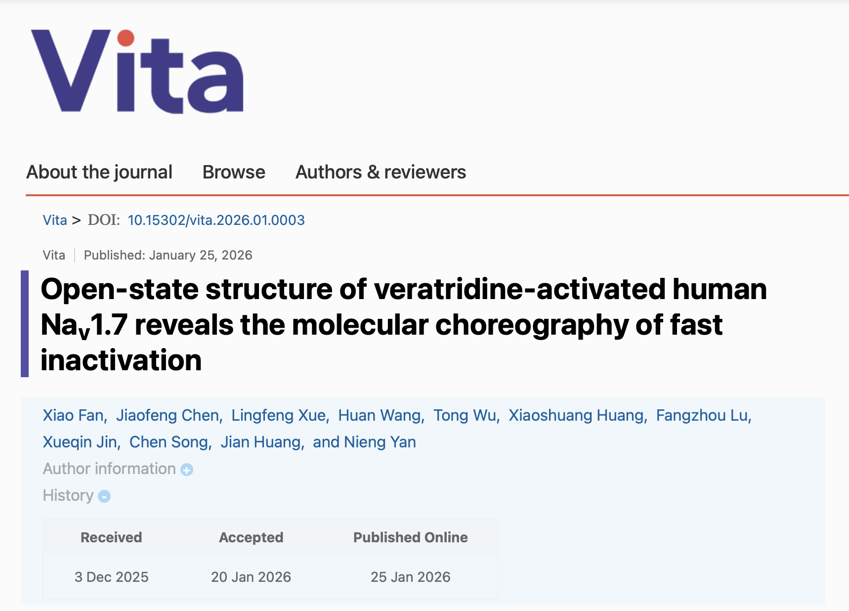 Vita | Teams of Nieng Yan, Jian Huang, Xiao Fan, and Chen Song Capture the “Instant of Opening” of Voltage-Gated Sodium Channels for the First Time